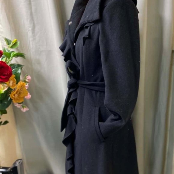 PORTMANS Wool blend Black Ruffle Belt Winter Coat - Picture 6 of 8